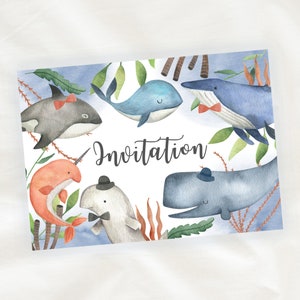Lot de 8 cartes d'Invitation Anniversaire Enfant - Mixte Fille ou Garçon - Animaux de la mer en Aquarelle - Baleine - Dauphin -