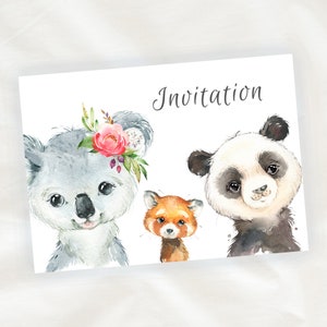 Set of 8 children's birthday invitation cards - MIXED GIRL or BOY - Koala and Panda animals in watercolor