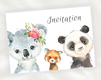 Set of 8 children's birthday invitation cards - MIXED GIRL or BOY - Koala and Panda animals in watercolor