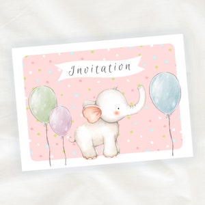 Lot de 8 cartes d'invitation anniversaire enfant - FILLE - Elephant en Aquarelle - ROSE
