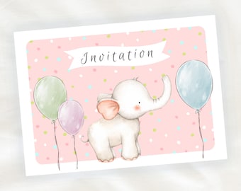 Set of 8 children's birthday invitation cards - GIRL - Elephant in Watercolor - PINK