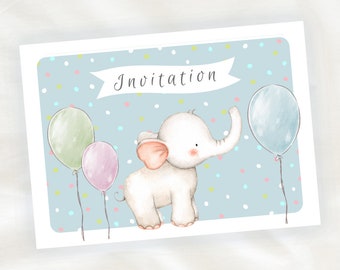 Lot de 8 cartes d'invitation anniversaire enfant - Garçon- Elephant en Aquarelle - Bleu