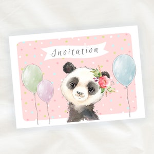 Lot de 8 cartes d'invitation anniversaire enfant - Fille - Animaux - Panda en Peinture Aquarelle