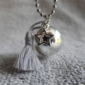 Smooth silver maternity bola, with a gray silk pompom and a star, as a long necklace image 4