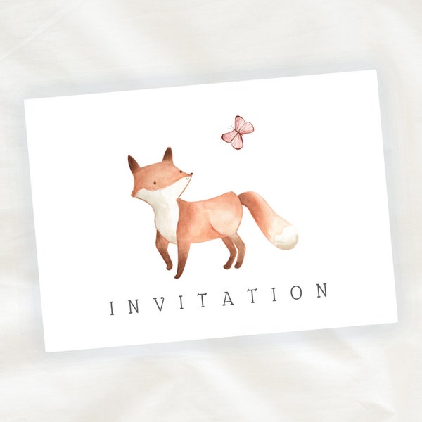 Lot de 8 cartes d'invitation anniversaire enfant - MIXTE - Animaux - Renard en Aquarelle