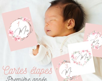 12 Cartes étapes Mois - La première année de bébé - Fleur Rose Sakura en Aquarelle