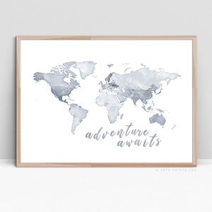 Map of the world - Adventure Awaits Map Print Digital Download, Gray-Blue World Map Wall Art, Boy Nursery Kids Room Decor | Aga Szafranska