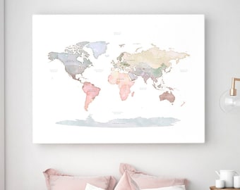XLARGE Pastel Map of the world Digital Download - Original WORLD MAP Wall Art - World Map Printable Wall Art 60x80 inch, Neutral Room Decor
