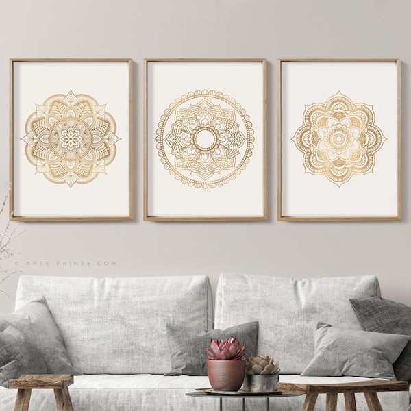 Mandala Wall Art Set of 3 Prints, Boho Living Room Wall Art, Mandala Prints Set, Zen Yoga Home Decor, Neutral Yoga Decor, Digital Download