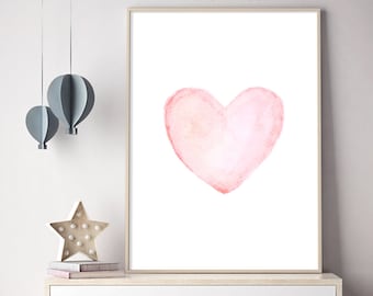 Blush Pink Watercolor Heart Printable, Baby Girl Nursery Wall Art Digital Download