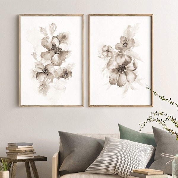 Watercolor Flowers Print, Beige Taupe Printable Wall Art, Watercolor Painting Floral Wall Art Decor, Botanical Print, Digital Download