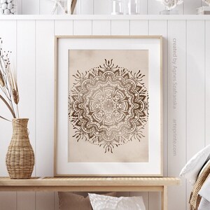 Boho Wall Art Mandala Print Digital Download, Brown Beige Zen Indian Wall Art Printable Abstract Poster, Yoga Studio Decor | Aga Szafranska