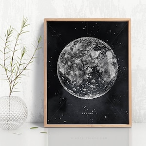 Moon Print, La Luna, Moon Art, Full Moon Poster, Black White Wall Art, Modern Vintage, Printable Pencil Drawing Artwork, Digital Download