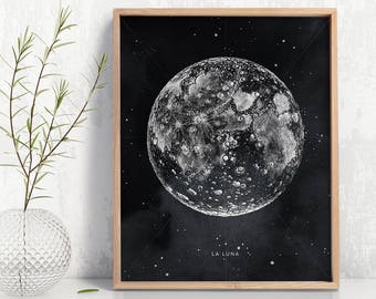 Moon Print, La Luna, Moon Art, Full Moon Poster, Black White Wall Art, Modern Vintage, Printable Pencil Drawing Artwork, Digital Download