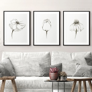 Flowers Downloadable, Black White Minimalist Floral Wall Art Prints Set of 3, Charcoal Drawings, Large Aesthetic Sketches | Aga Szafranska