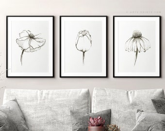 Set 3 Flower Pencil Drawings: Black White Minimalist Prints Digital Download - Floral Sketches Printable