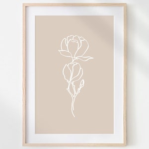 Magnolia Flower Illustration Digital Download Print - Beige White Line Drawing, Minimalist Floral Wall Art Printable | Aga Szafranska