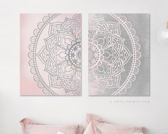 Blush Pink Gray Mandala Wall Art Set 2 Prints Boho Bedroom Decor Digital Download