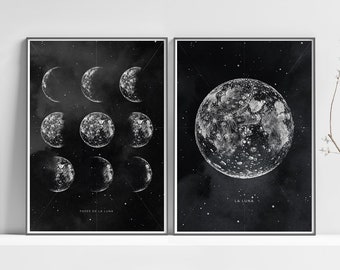 Op de afbeelding: Twee zwart-witte maanfaseprints met een minimalistisch ontwerp. De linker print toont de maanfasen met de tekst "FASES DE LA LUNA". De rechter print toont een volle maan met de tekst "LA LUNA".