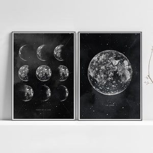 Astronomy Wall Art Set of 2 Prints, Pencil Sketches Moon and Moon Phases, Bedroom Wall Decor, La Luna,  Digital Download - Aga Szafranska