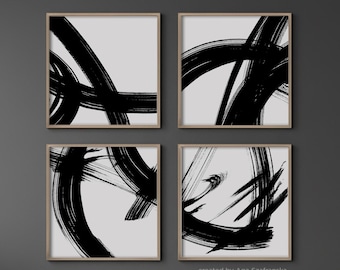 Set 4 Black & White Abstracts Printable, Bold Brushstrokes Lines, Modern Gallery Wall Digital Download