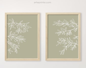May include: Two framed prints with a light green background and white line drawings of olive branches with leaves and berries.