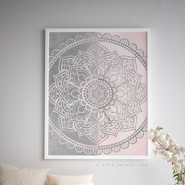 Blush Pink Grey Mandala Wall Art, Boho Wall Art, Girl Bedroom Print, Mandala Printable Poster, Yoga Studio Decor, Digital Download