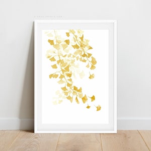 Yellow Ginkgo Leaves Watercolor Print, Mustard Yellow Wall Art Printable, Botanical Wall Art, Ginko Art Print, Modern Plants, Digital Prints