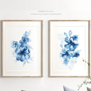 Flower Wall Art Set of 2 Prints Digital Download, Blue Watercolor Painting Forget-Me-Not Flowers Printable, Floral Wall Art | Aga Szafranska