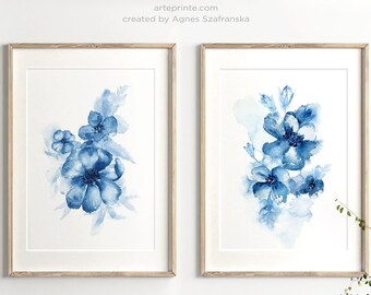 Blue Floral Wall Art Prints Set of 2 Forget-Me-Not Flowers Watercolor Painting Digital Download