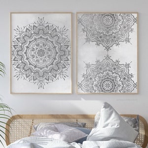 Gray Mandala Wall Art Set of 2 Prints, Boho Rustic Home Decor Printable, Indian Ethnic Pattern Poster Set Digital Download | Aga Szafranska
