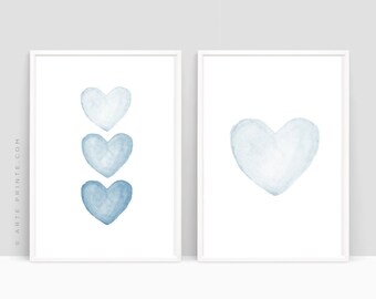 Blue Watercolor Hearts Print Set: Boy Nursery Decor (Digital Download)