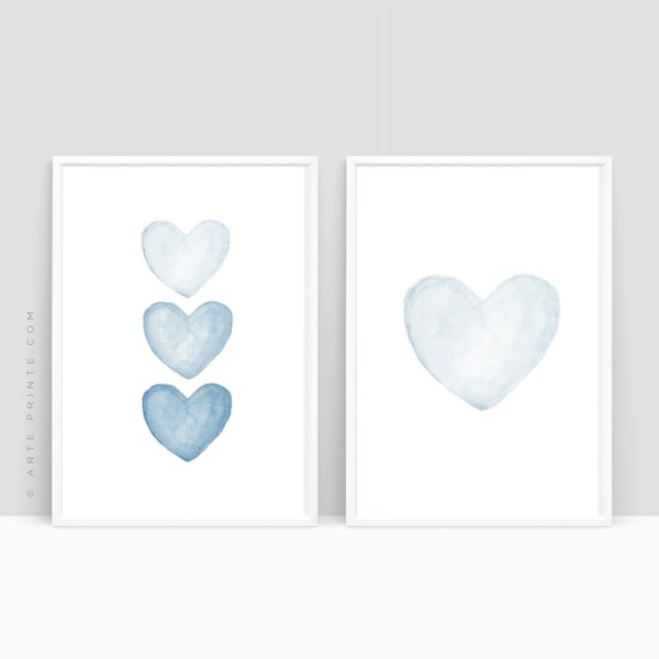 Boy Nursery Wall Art Set of 2 Blue Watercolor Hearts Printable Prints Baby Boy Nursery Decor Boys Room Decor Gift for Him Digital Download