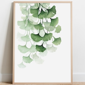 Green Watercolor Ginkgo Leaves Botanical Prints Digital Download, Modern Painting Ginkgo Branch Printable Leaves Wall Art | Aga Szafranska