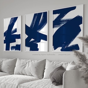Prints Set of 3 Blue Brush Strokes Minimalist Wall Art, Navy Blue Abstract Painting, Modern Wall Art Set Digital Download | Aga Szafranska