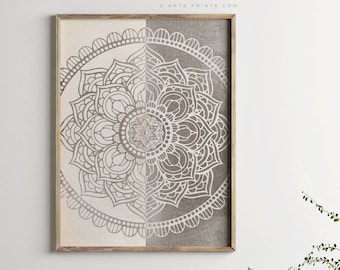 Symmetrical Mandala Print, Beige Taupe Boho Vintage Wall Art, Zen Yoga Decor - Digital Download