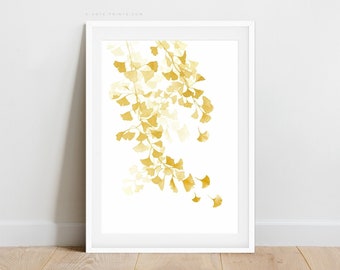 Yellow Ginkgo Leaves Watercolor Print, Mustard Yellow Wall Art Printable, Botanical Wall Art, Ginko Art Print, Modern Plants, Digital Prints