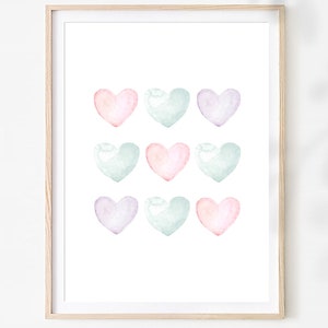 Watercolor Hearts Wall Art, Nursery Printables, Baby Room Decor, 9 Painting Hearts, Baby Gift Idea, Rainbow Hearts Print, Digital Download