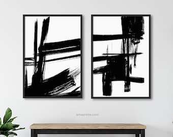Set of 2 Abstract Art, Black and White Prints, Modern Minimalist Painting Black Strokes Lines, Printable Contemporary Art, Digital Download