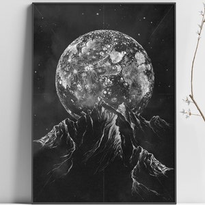 Moon Print Digital Download, Pencil Drawing Black and White Wall Art - Moon at Night above the Mountains - Printable Poster | Aga Szafranska