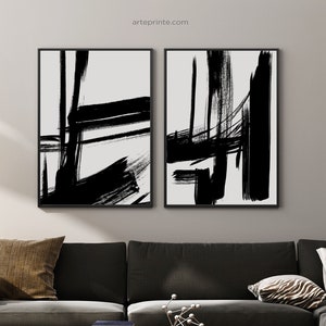 Modern Abstract Set of 2, Brush Strokes Black and White Printable Art, Ink Painted Minimalist Art, Home Decor Digital Download