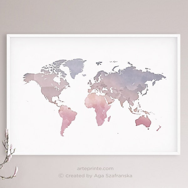 World Map Wall Art, Girl Room Decor, World Map Print in Pink Lilac Purple Tones, Minimalist Map of the World, Home Decor, Digital Download