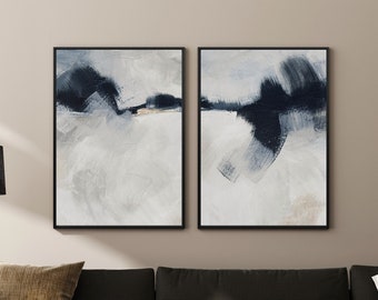 Abstract Art Prints Set: Navy Blue & Gray Modern Painting (Digital Download)