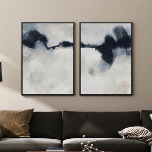 Set of 2 Abstract Painting Wall Art Printables, Acrylic Painting, Navy Blue Gray Modern Living Room Art Digital Download | Aga Szafranska