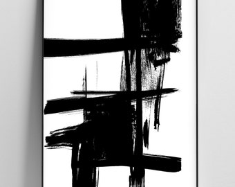 Black and White Abstract Brush Strokes Printable, Minimalist Modern Wall Art Digital Download