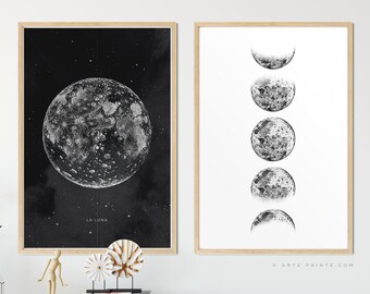 May include: Two framed black and white prints of the moon. The print on the left shows a full moon with craters and stars in the background. The print on the right shows the moon in different phases.