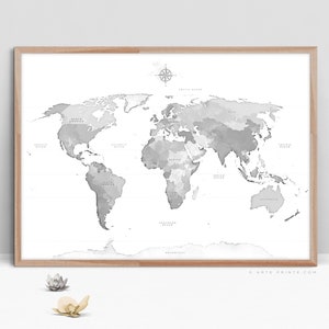Gray World Map Wall Art Printable, Greyscale World Map Poster, Continents and Ocean Names, Modern Map Art, Digital Download - Aga Szafranska