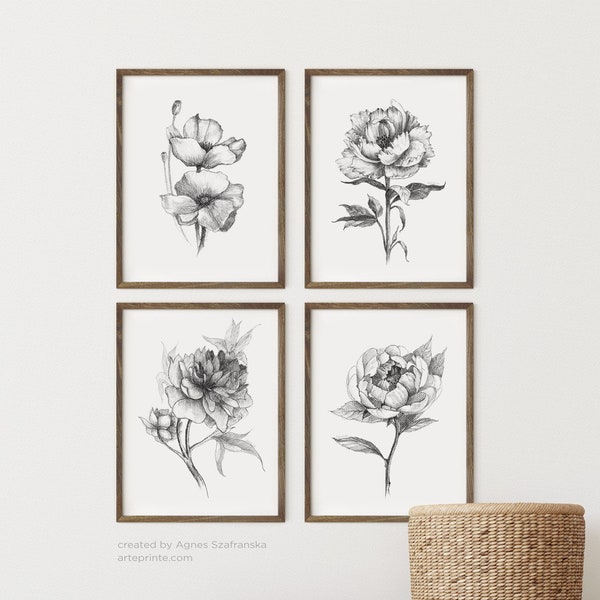 Flower Drawings, Set of 4 Prints, Pencil Drawing, Black and White Floral Gallery, Peony and Poppy Flower, Digital Download, Agnes Szafranska