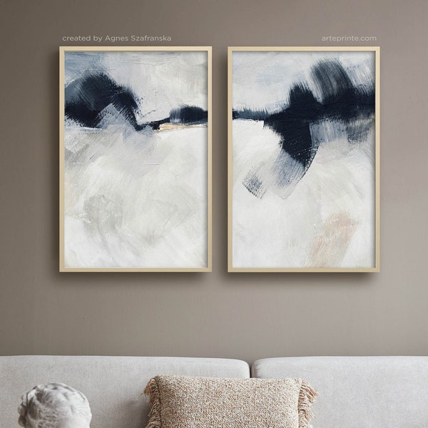 Set of 2 Abstract Painting Wall Art Printable, Neutral Modern Wall Art, Gray Navy Blue Beige Print Set, Modern Home Decor, Instant Download