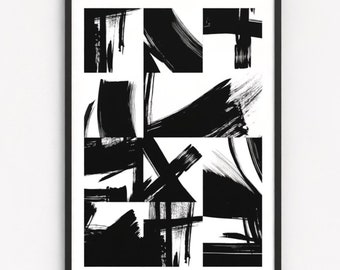 Black & White Abstract Printable, Black Brush Strokes Collage, Modern Wall Art Digital Download
